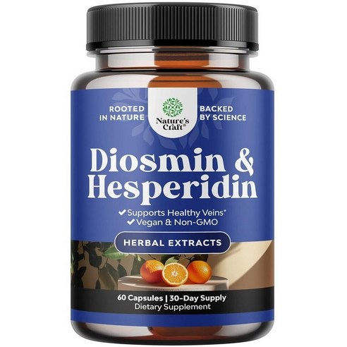 Natures Craft Diosmin 헤스페리딘 1000mg 복합체 성인용 - 정맥류 비터 오렌지 보충제, 다리 및 발 혈액 시트러스 아우란티움의 디오스민 보충제 60개
