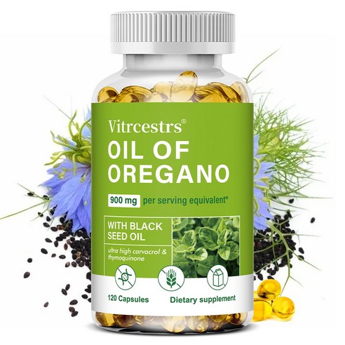 오레가노 소프트캡슐 900mg, 블랙씨오일 50mg, non-GMO 식물성 카바크롤과 티몰 함유, 3개, 120정