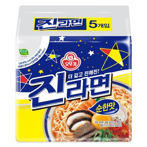 오뚜기 진라면 순한맛 봉지라면 120g, 5개