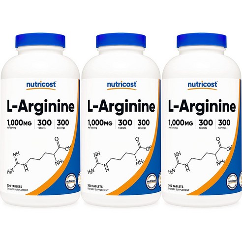 Nutricost L-Arginine 뉴트리코스트 L 아르기닌 1000mg 300타블렛 3팩, 300정, 3개