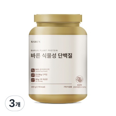 바른 식물성 단백질 프로틴 유당 콜레스테롤 제로, 300g, 3개