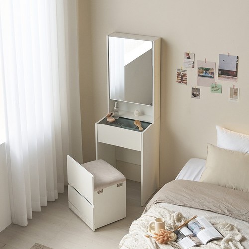 주빌리 지니아 수납거울 화장대 스툴세트 틈새수납장 틈새 화장대, 거울+스툴+화장대세트, 600 서랍장 미포함