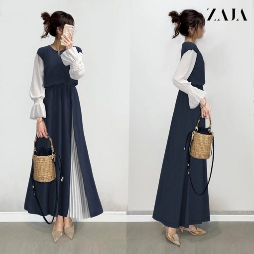 ZAJA 여성 a라인 롱 원피스 봄 긴팔 패치워크 캐주얼 패션