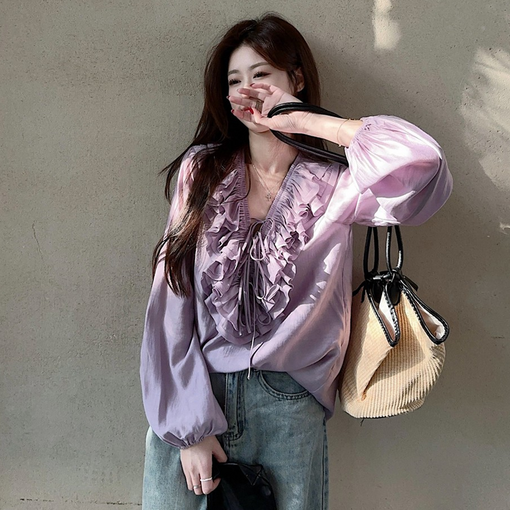여성 여신룩 벗꽃룩 연보라 퍼플 캉캉 프릴 러플 브이넥 리본 퍼프 블라우스
