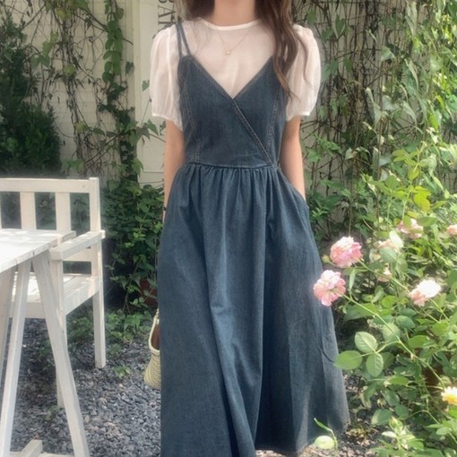 무료배송이퓨 데님 브이넥 뷔스티에 셔링 스모크밴딩 나시 봄 여름 가을 롱원피스