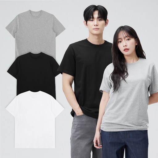 BASE ALPHA ESSENTIALS 男女通用 30支 圓領 短袖T恤 3件組, 白色, 黑色, 灰色, 3個