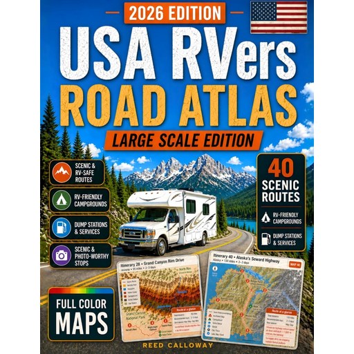 USA RVers 로드 아틀라스 대규모: 미국 최고의 고속도로를 가로지르는 RV 안전 도로 조용한 캠핑장 및 국립공원 차분하고 자신감 넘치며 스트레스 없는 여행을 위한 풀 컬러