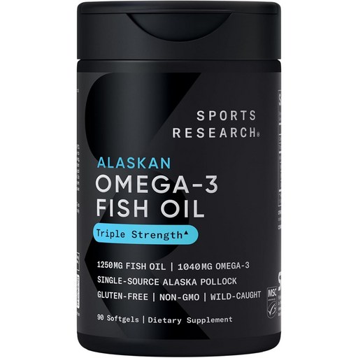 SPORTS RESEARCH 三倍強度Omega-3魚油必需脂肪酸EPA DHA軟膠囊, 90顆, 1罐