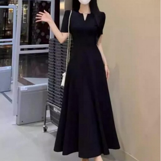 여성 캐주얼 슬림핏 브이넥 반팔 프렌치 롱 원피스