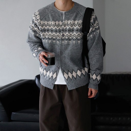 베이직바이블 남자 오버핏 노르딕 울 라운드 니트 가디건3color