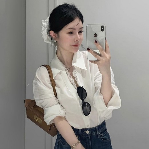 어썸풀 여성용 디모던스 레이스 긴팔 카라 셔츠 A26SPST122316