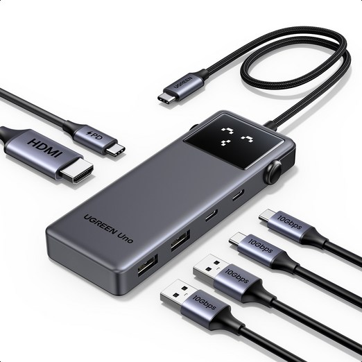 UGREEN 유그린 Uno 6 in 1 C타입 멀티 허브 10Gbps 데이터 전송 포트 4K60Hz HDMI2.0 지원 스마트 이모티콘 상태 표시, 1개, Grey