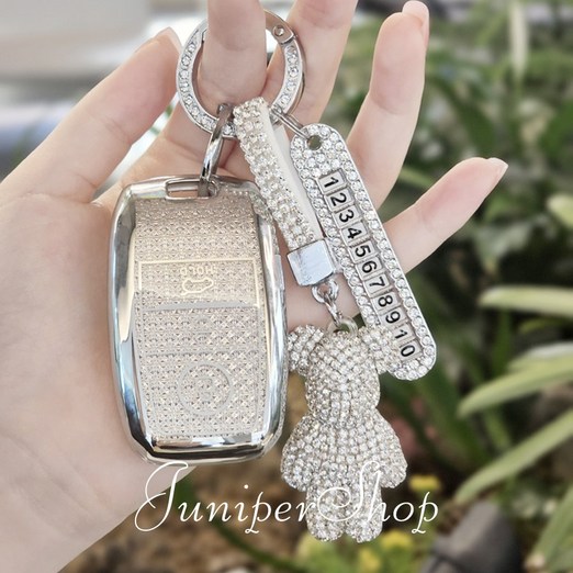 주니퍼샵 현대 럭셔리 블링 크리스탈 베어 자동차 스마트 폴딩 TPU 보호 키 케이스 풀커버 키링 키홀더
