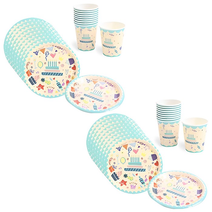 생일 파티접시 18cm 20p 컵 20p 아이콘 세트, 1세트