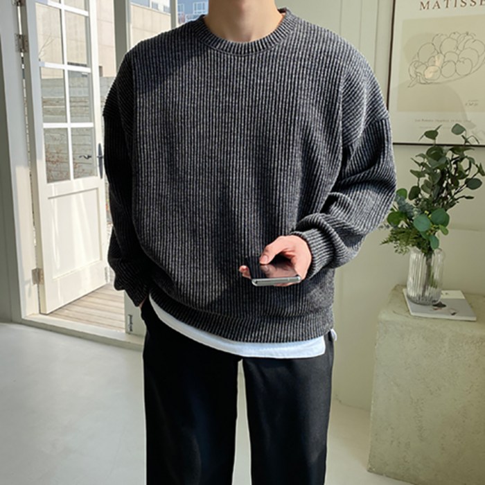 (1+1)제인드 라운드 맨투맨 남자 세미 오버핏 스웨터 긴팔 이너 니트 티셔츠 봄 가을 겨울 옷 코디