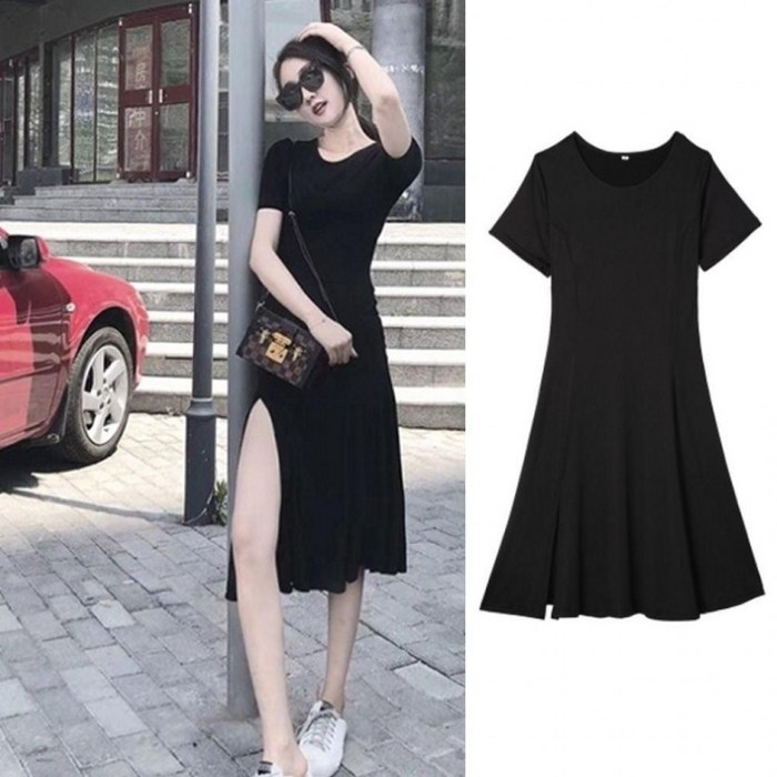 쫑쫑이의 HARU A라인 트임 원피스 라운드 블랙 반팔 이너 롱드레스 롱원피스 여성 여름 미니 면원피스