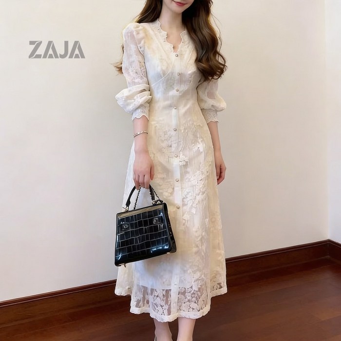 ZAJA 레이스 롱 원피스 여성 자수 V넥 긴팔 데이트룩