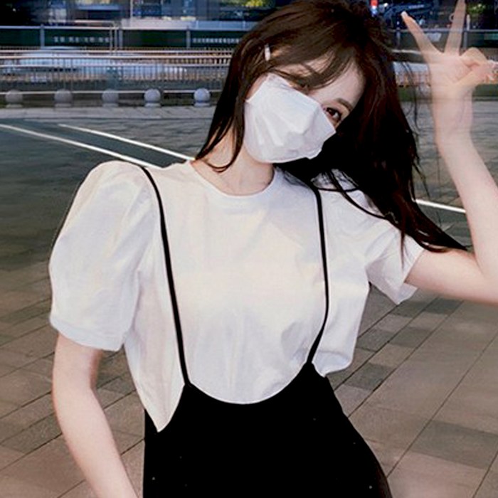 엔젤D  여성 코튼 안나쇼 셔링 퍼프 반팔 티셔츠