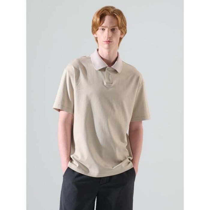 로가디스 코튼 솔리드 반소매 오픈 칼라 티셔츠 베이지 남성 반팔티 카라티 데일리