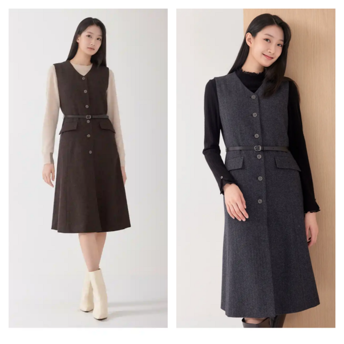 지센 지센  2컬러 피어로즈 벨티드 레이어드형 플레어 원피스 LFOPOA91