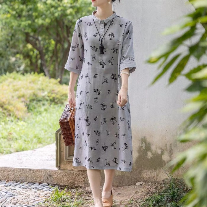 TKX 여성 봄여름 플로랄 프린트 린넨 원피스 5부 소매 여름 허리끈 드레스 여성스러운 패션 카라넥 K67
