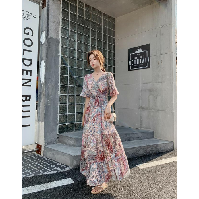 마스우노 여름 봄 여자 여성 롱 A라인 원피스 우아 플로럴 민소매 롱원피스 데일리룩 꽃무늬