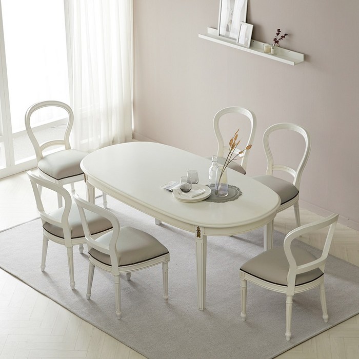 피어젠가구 크램드 프렌치 엔틱 6인용 타원 원목 식탁 세트 화이트, 상세페이지 참조