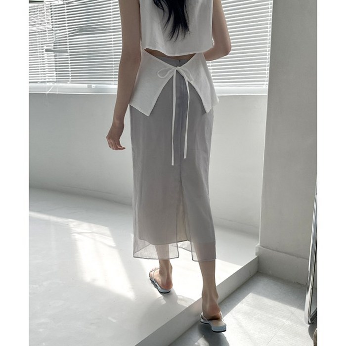 쉬폰 레이어 뒤트임 슬릿 레이어드 롱스커트