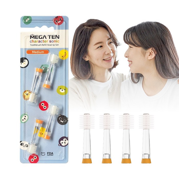 메가텐 키즈 캐릭터소닉 360도 음파진동 칫솔 리뉴얼 리필 미디움 8단 4P
