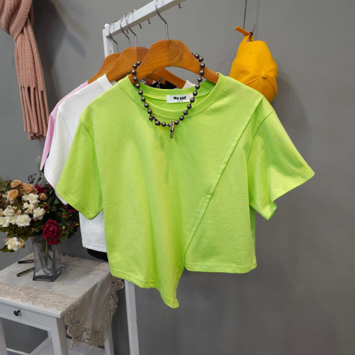 사선 라운드 언발 크롭 반팔티