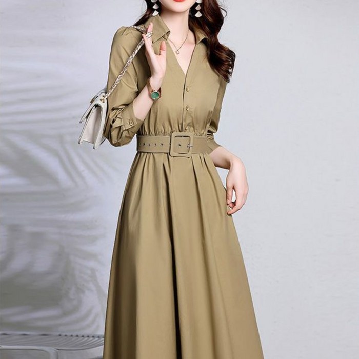 패션고리 여성 브이넥 고급 허리벨트 셔츠형 플레어 롱 원피스 H56