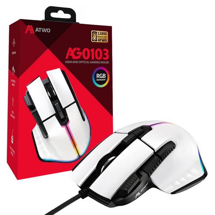 에이투 고감도 LED 유선 USB 게이밍 마우스 AG0103, AG0103, 화이트