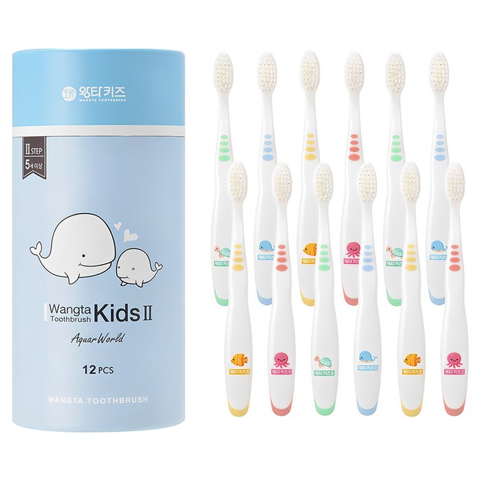 왕타 아쿠아월드 2호 어린이 칫솔, 혼합색상, 12개입, 1개 왕타 아쿠아월드 2호 어린이 칫솔, 혼합색상, 12개입, 1개