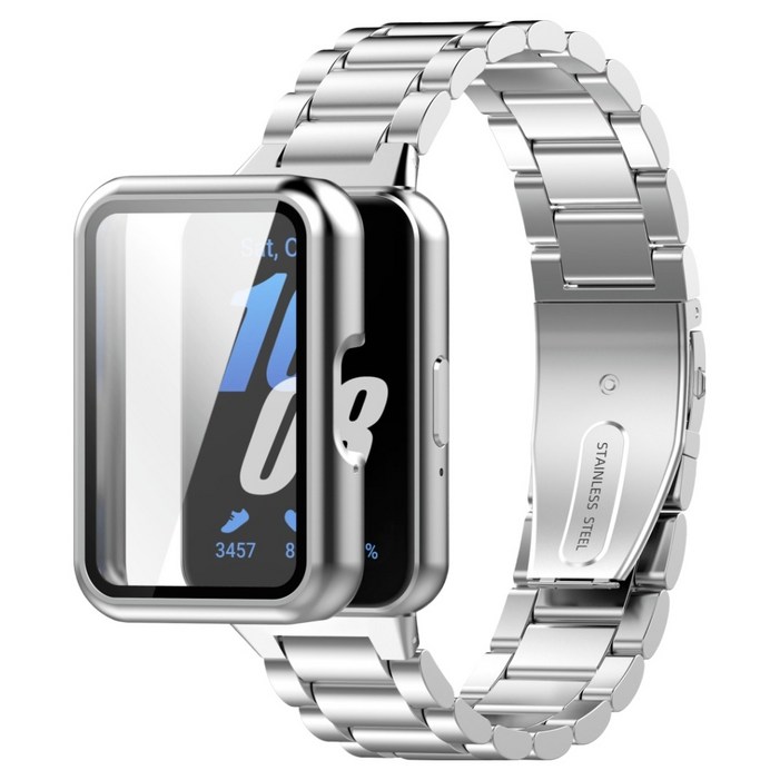 칸탐 갤럭시 핏3 호환 메탈 스트랩  풀커버 케이스 세트, 실버, 1개