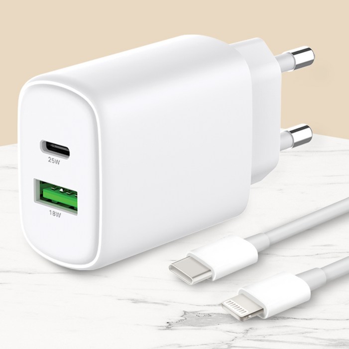 모잇 25W 2포트 PD 3.0 PPS 초고속 충전기  C to 8핀 라이트닝 케이블 1.3m 아이폰 호환, 화이트, 1개