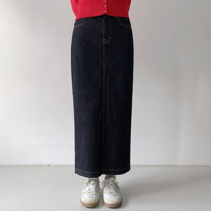플랜데이 여성용 숏 미디움 논페이드 스판 생지 데님롱스커트