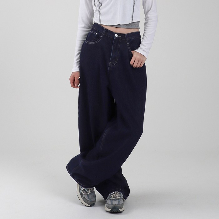 수비진 여성용 생지 백포켓 포인트 벌룬핏 와이드 청바지 7509