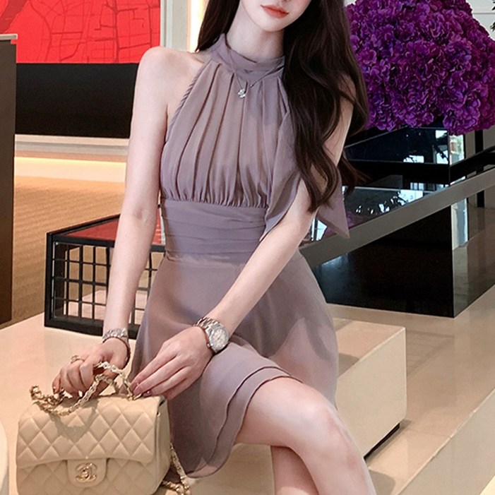 글램디브 샤르링 쉬폰 홀터넥 셔링 플레어 원피스 AH0118