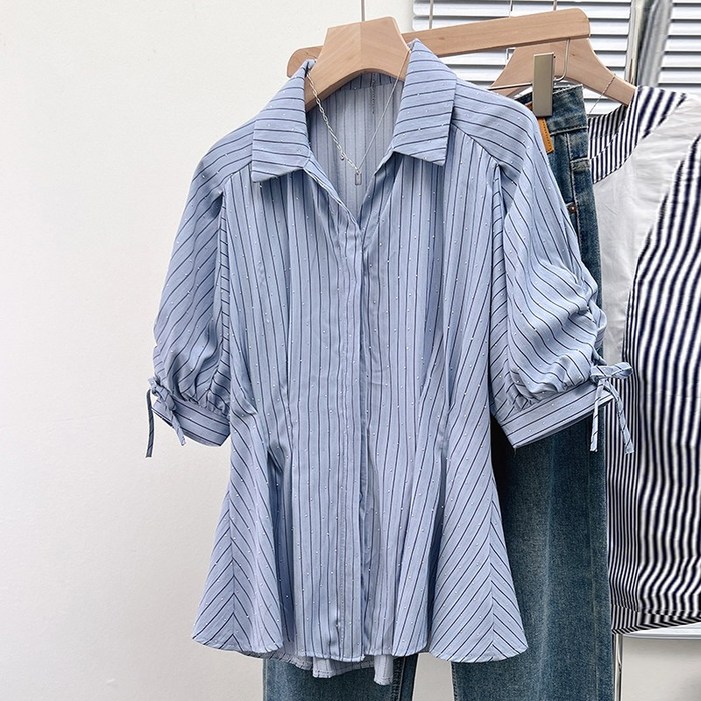 하이마이 여성 빅사이즈 여름 카라넥 반팔 가디건 블라우스 티셔츠