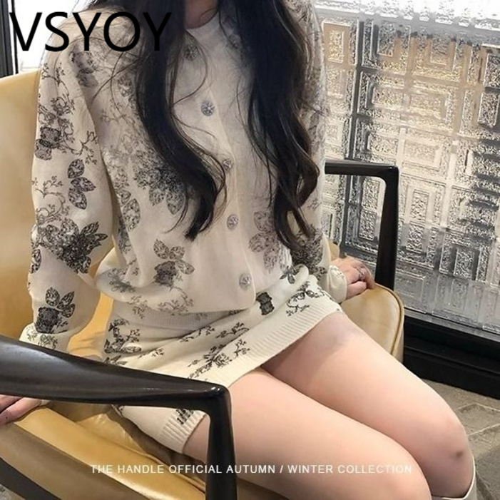 vsyoy 가을과 겨울 하이 엔드 센스 프랑스 부자 가족 딸 소프트 왁스 니트 인쇄 세트 새로운 투피스 원피스 슬림 핏 슬리밍 여성