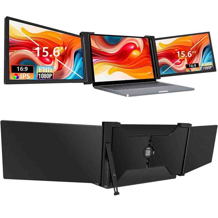 15.6인치 휴대용 3중 스크린 모니터 1920*1080 해상도 노트북 확장 디스플레이 15.6-17.3인치 노트북용 간편한 설치-블랙