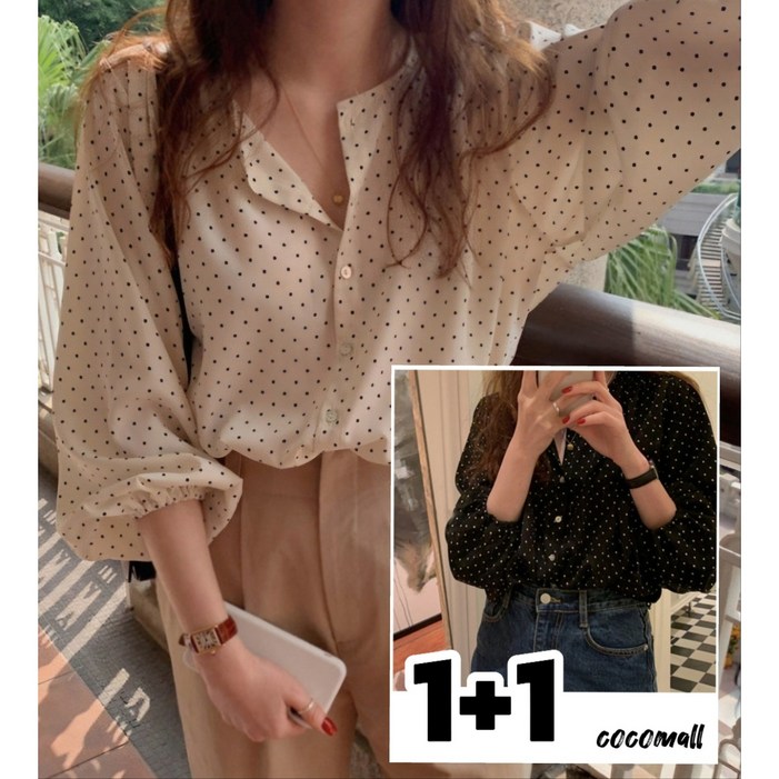 코코 러블리 퍼프 소매 도트 쉬폰 블라우스11 블랙 아이보리 색상사이즈교차선택가능
