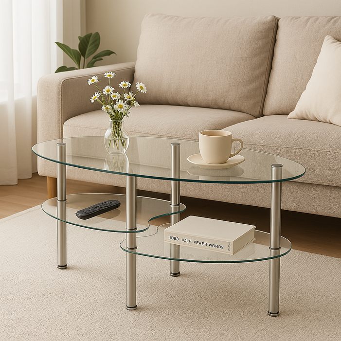 프리미엄 3단 타원형 투명 강화유리 거실 카페 데일리 테이블