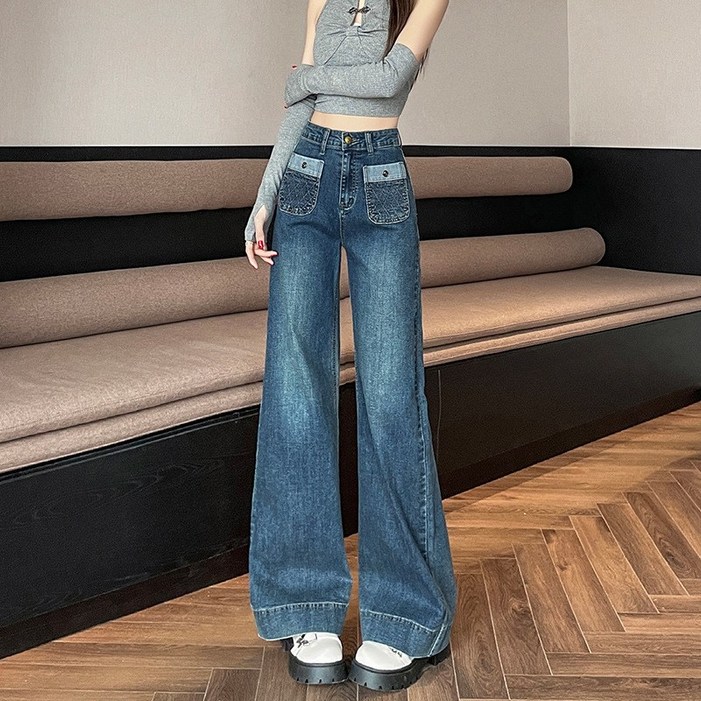 SAHINER 가을 여성 하이웨이스트 와이드 포켓포인트 데님팬츠 BNZ49