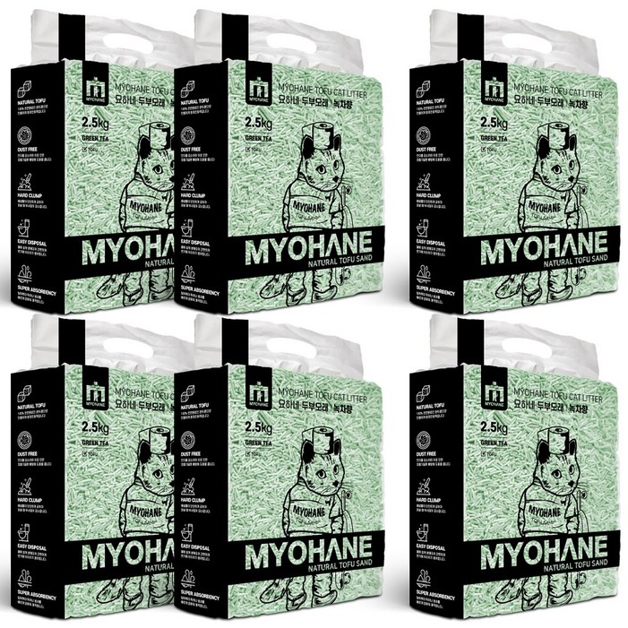 묘하네 고양이 두부모래 15kg 천연원료 가는입자, 2.5kg, 6개, 두부모래 녹차향