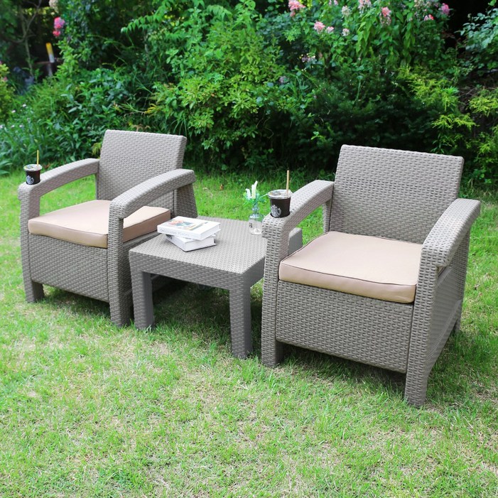 브릭스 2인 야외 라탄 테이블 소파 세트 테라스 정원, 브라운