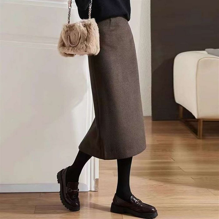 JIEVE 여성용 가을 겨울 모직 하이웨이스트 H라인 롱 스커트 패션 슬림핏 미디스커트 D18