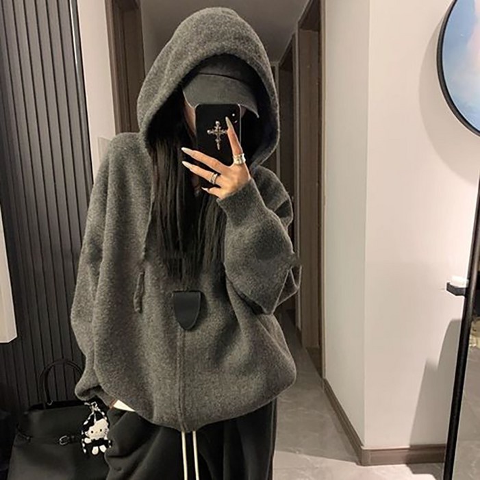 POMTOR 여성 가을 겨울 스웨터 후드 집업 니트 아우터 부드러운 루즈핏 캐주얼 니트 카디건