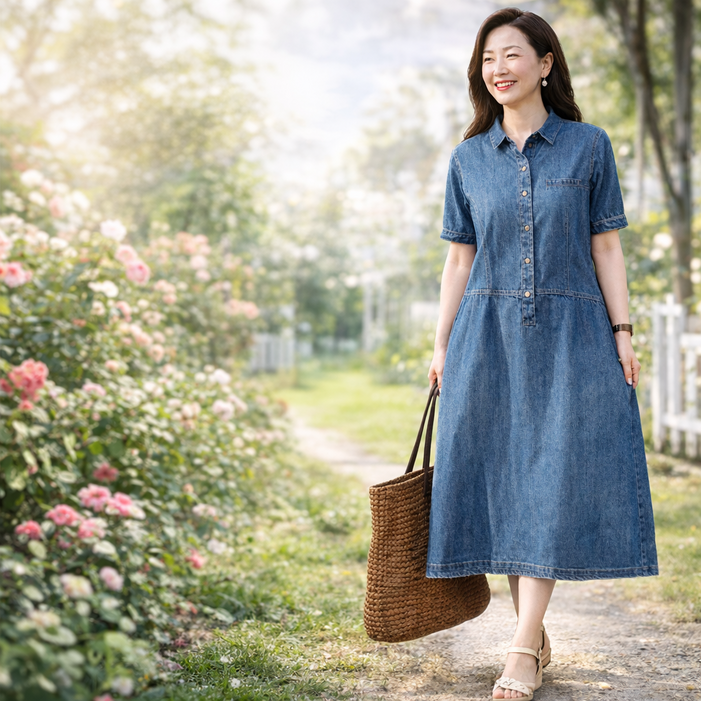 현데코 캐쥬얼 데님 여름 반소매 박시핏 여성 청 원피스