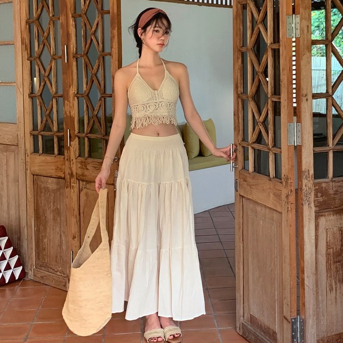 비치팜미셸 니트탑 스커트 세트 비치웨어 휴양지 여름 투피스 캡내장